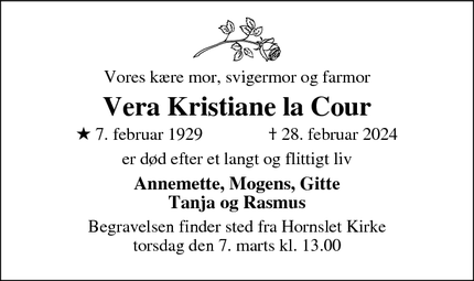 Dødsannoncen for Vera Kristiane la Cour - Hornslet