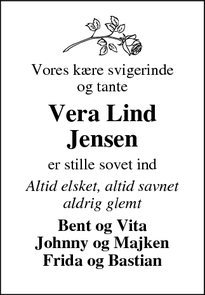 Dødsannoncen for Vera Lind Jensen - Lem st