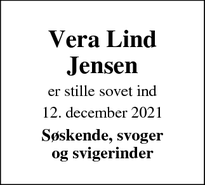 Dødsannoncen for Vera Lind Jensen - Højmark