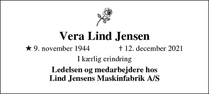 Dødsannoncen for Vera Lind Jensen - Lem St.