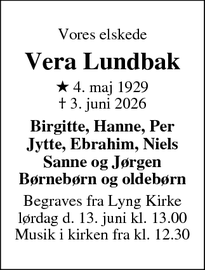 Dødsannoncen for Vera Lundbak - Erritsø igennem hele livet, - nu Jyderup
