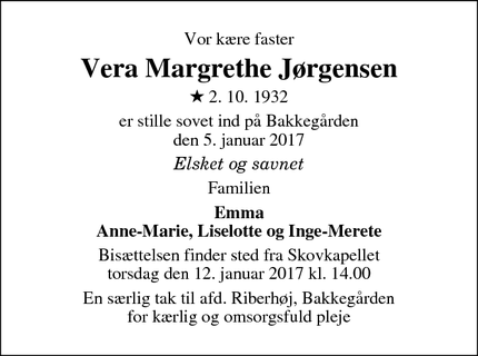Dødsannoncen for Vera Margrethe Jørgensen - Vejle