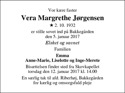 Dødsannoncen for Vera Margrethe Jørgensen - Vejle