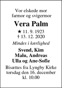 Dødsannoncen for Vera Palm - Næstved