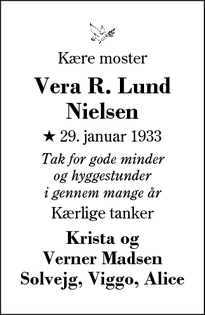Dødsannoncen for Vera R. Lund
Nielsen - Grindsted