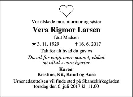 Dødsannoncen for Vera Rigmor Larsen - Hillerød