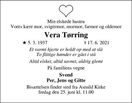 Dødsannoncen for Vera Tørring - Viborg