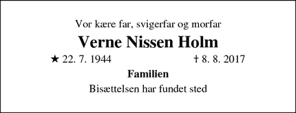 Dødsannoncen for Verne Nissen Holm - Jyllinge