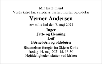 Dødsannoncen for Verner Andersen - Skjern