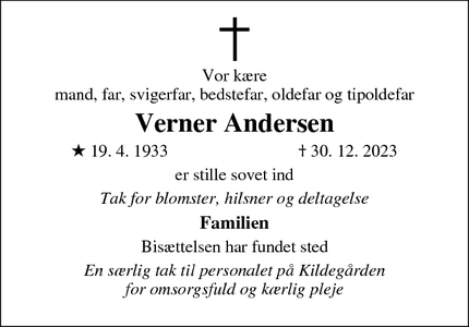 Dødsannoncen for Verner Andersen - skanderborg