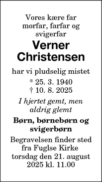 Dødsannoncen for Verner Christensen - Fuglse/Horslunde