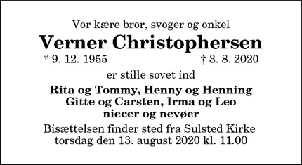 Dødsannoncen for Verner Christophersen - Vodskov