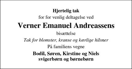 Taksigelsen for Verner Emanuel Andreassen - 7560 Hjerm