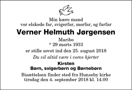 Dødsannoncen for Verner Helmuth Jørgensen - Nørreballe