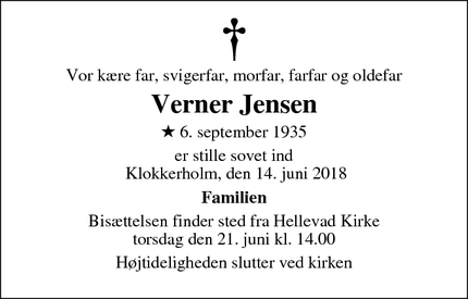 Dødsannoncen for Verner Jensen - Dronninglund