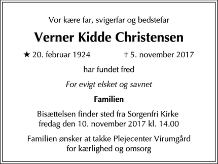 Dødsannoncen for Verner Kidde Christensen - Lyngby Taarbæk