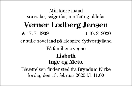 Dødsannoncen for Verner Lodberg Jensen - Esbjerg