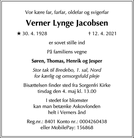 Dødsannoncen for Verner Lynge Jacobsen - Vium, Lyngby-Tårbæk