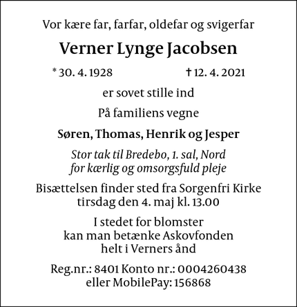 Dødsannoncen for Verner Lynge Jacobsen - Vium, Lyngby-Tårbæk