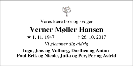 Dødsannoncen for Verner Møller Hansen - Ejerslev, 7900 Nykøbing Mors