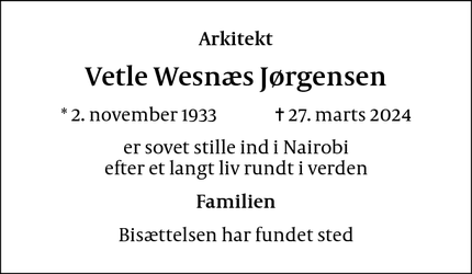 Dødsannoncen for Vetle Wesnæs Jørgensen - Nairobi