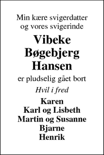 Dødsannoncen for Vibeke Bøgebjerg Hansen - Bryrup