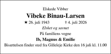 Dødsannoncen for Vibeke Binau-Larsen - Kbh