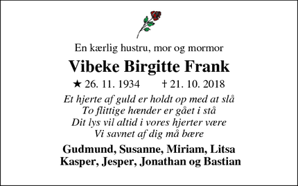 Dødsannoncen for Vibeke Birgitte Frank - Svendborg