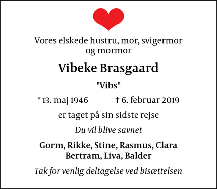 Dødsannoncen for Vibeke Brasgaard - Kongens Lyngby