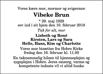 Dødsannoncen for Vibeke Brun - Hobro