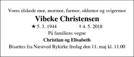 Dødsannoncen for Vibeke Christensen - Næstved