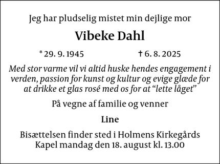 Dødsannoncen for Vibeke Dahl - København