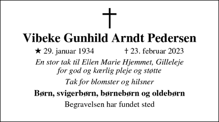 Dødsannoncen for Vibeke Gunhild Arndt Pedersen - Gilleleje