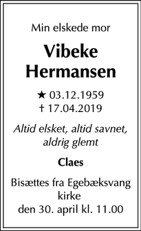 Dødsannoncen for Vibeke Hermansen - Kokkedal