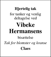 Dødsannoncen for Vibeke Hermansens - Kokkedal