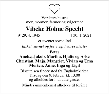 Dødsannoncen for Vibeke Holme Specht - Allerød