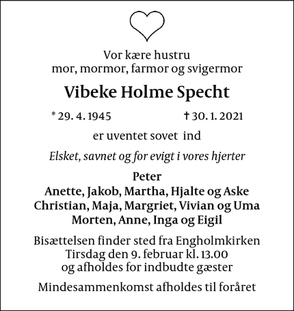 Dødsannoncen for Vibeke Holme Specht - Allerød