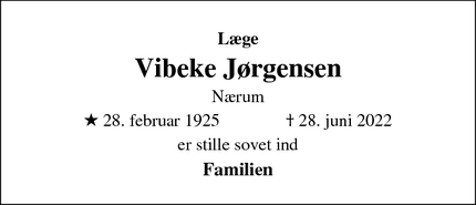 Dødsannoncen for Vibeke Jørgensen - Nærum