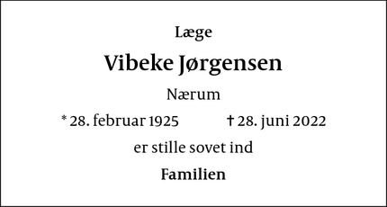 Dødsannoncen for Vibeke Jørgensen - Nærum