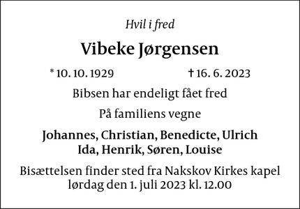 Dødsannoncen for Vibeke Jørgensen - Sorø