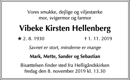 Dødsannoncen for Vibeke Kirsten Hellenberg - København K