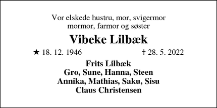 Dødsannoncen for Vibeke Lilbæk - Allerød