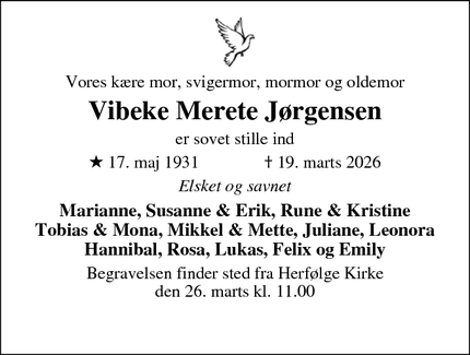 Dødsannoncen for Vibeke Merete J&oslash;rgensen - Køge