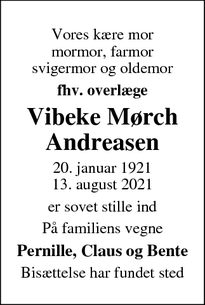 Dødsannoncen for Vibeke Mørch
Andreasen - Holstebro