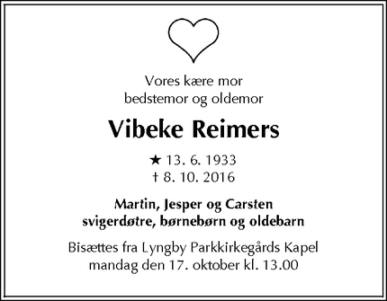 Dødsannoncen for Vibeke Reimers - Kongens Lyngby
