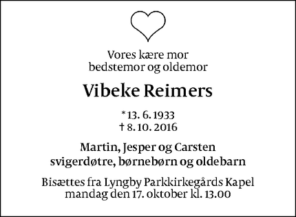 Dødsannoncen for Vibeke Reimers - Kongens Lyngby