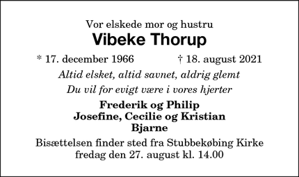 Dødsannoncen for Vibeke Thorup - Stubbekøbing