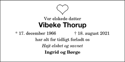 Dødsannoncen for Vibeke Thorup - Stubbekøbing