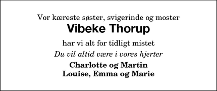 Dødsannoncen for Vibeke Thorup - Stubbekøbing