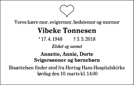 Dødsannoncen for Vibeke Tonnesen - Haderslev